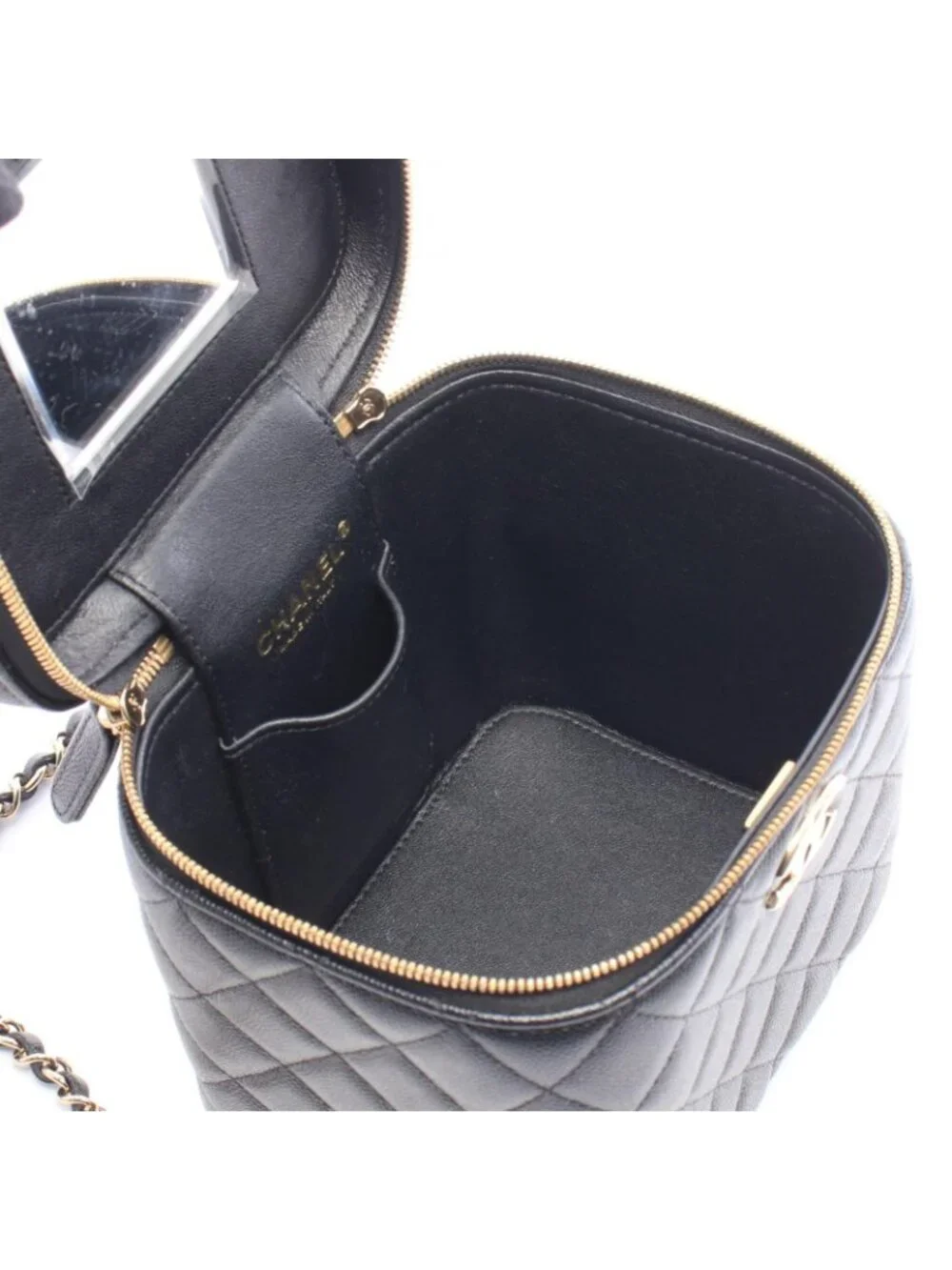 Chanel Shoulder Bag Quilted Black Caviar Leather Vanity 2-Way Chain